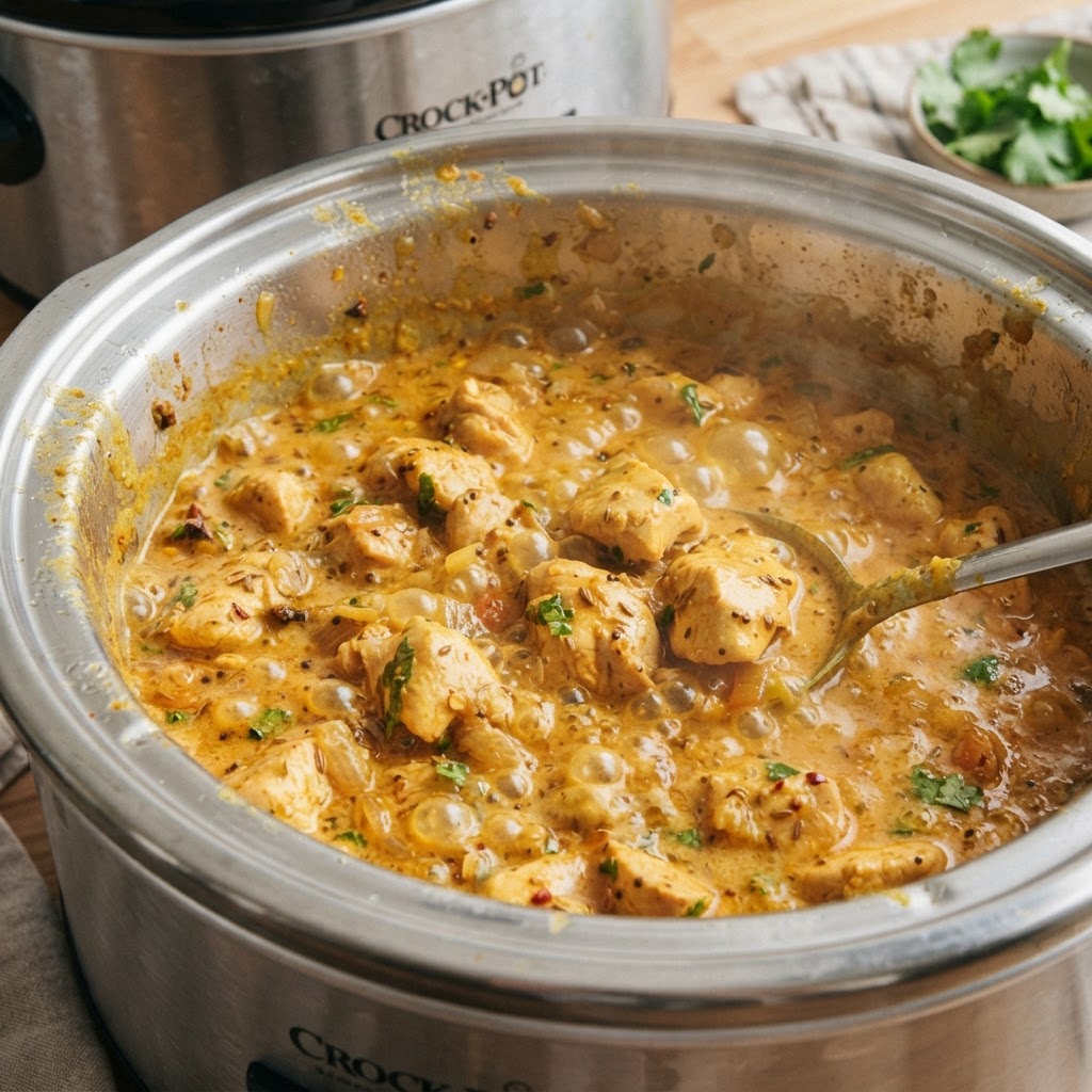 The slow cooking process results in perfectly tender chicken infused with aromatic spices.