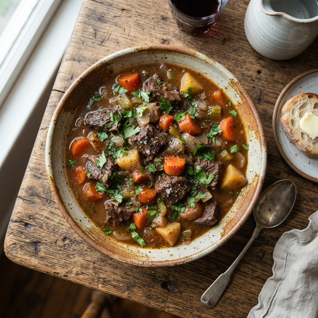 A steaming bowl of homemade slow cooker beef stew.