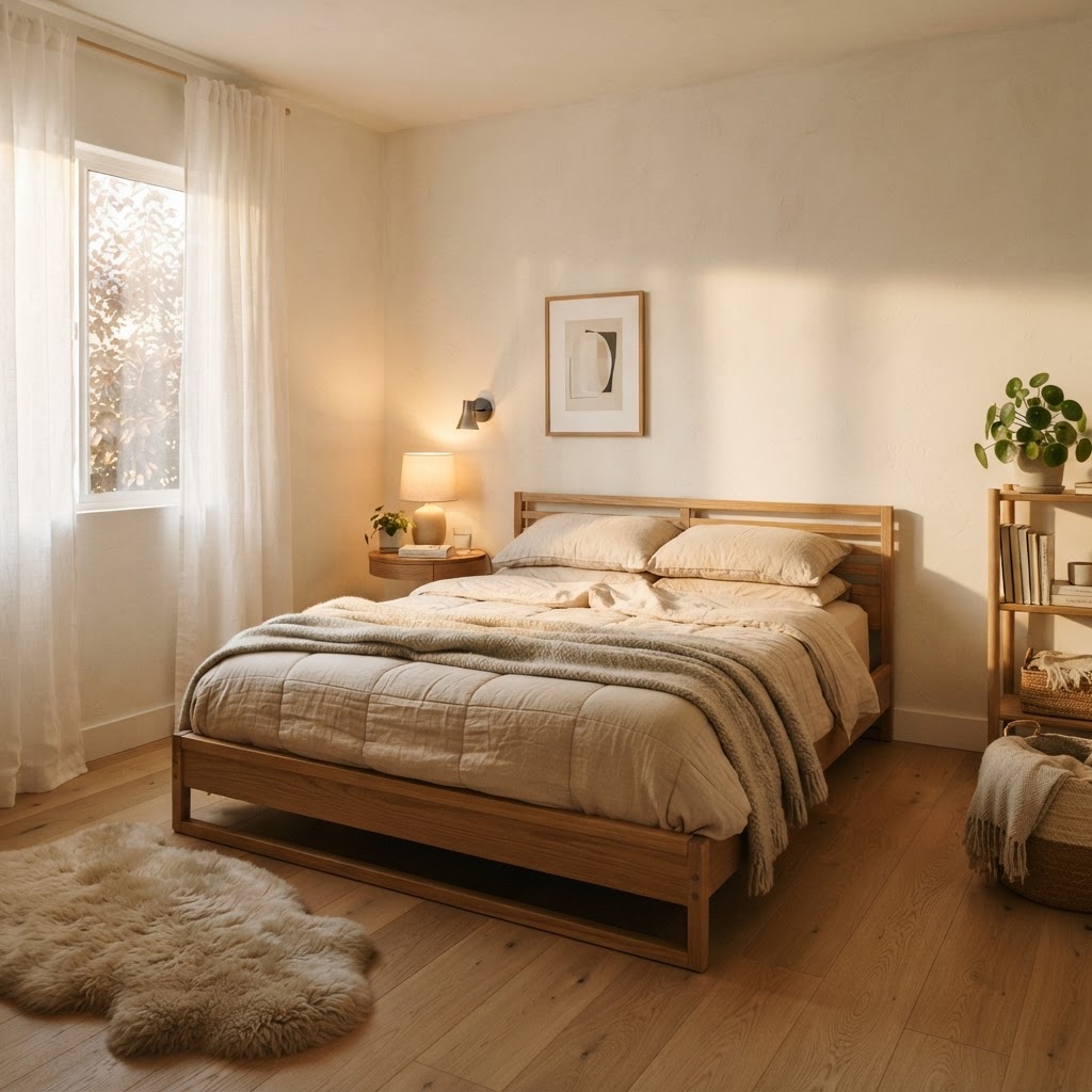 Layering textures like linen and sheepskin adds warmth to a minimalist bedroom.