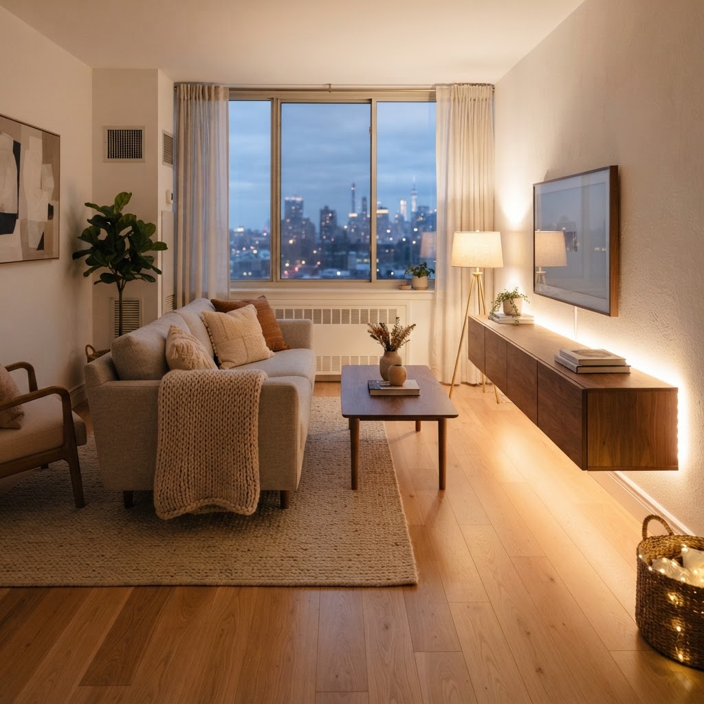 Layering warm light sources can make a living room feel like a boutique hotel.