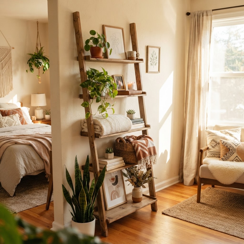 Leaning ladder shelves provide storage without touching the walls.