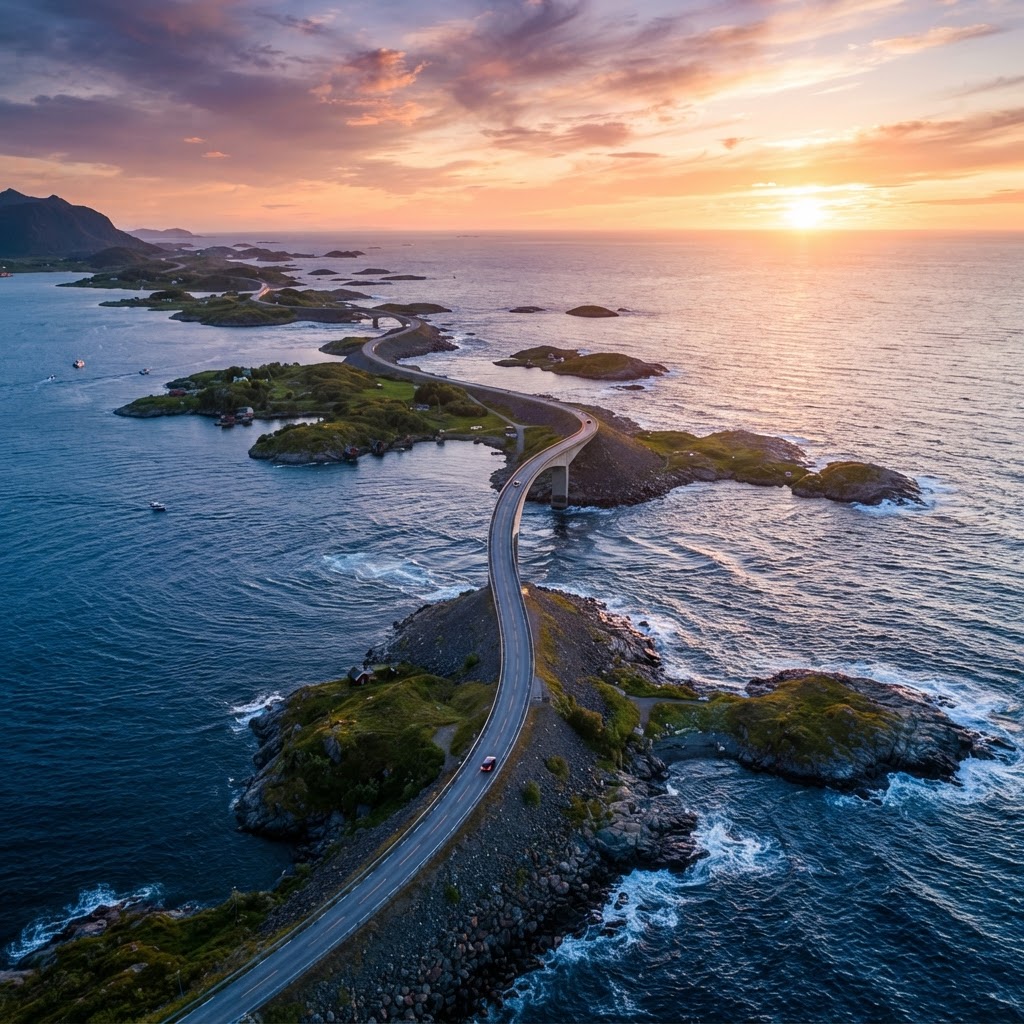 An aerial perspective showing how the road threads through the archipelago.
