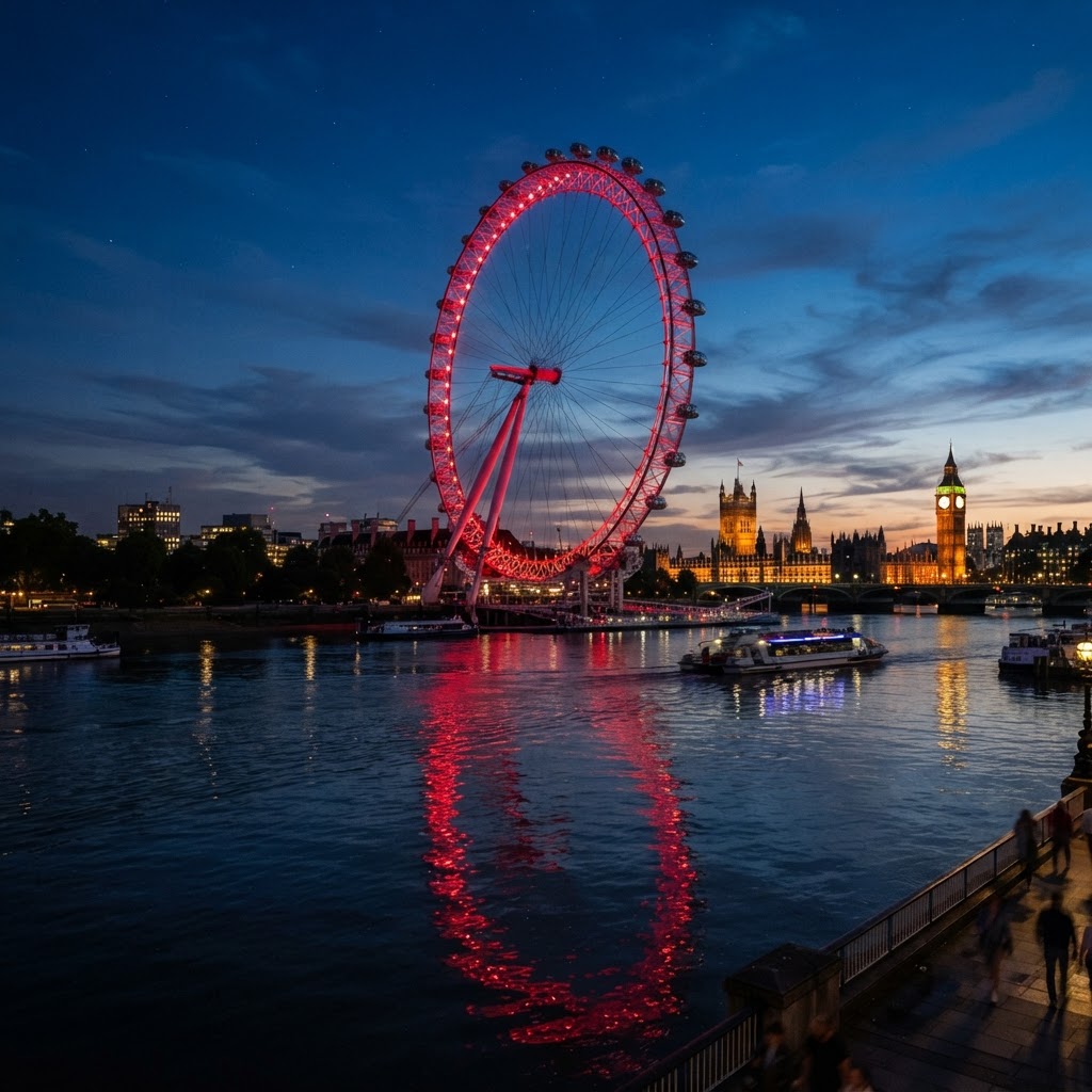 The iconic London Eye at night.