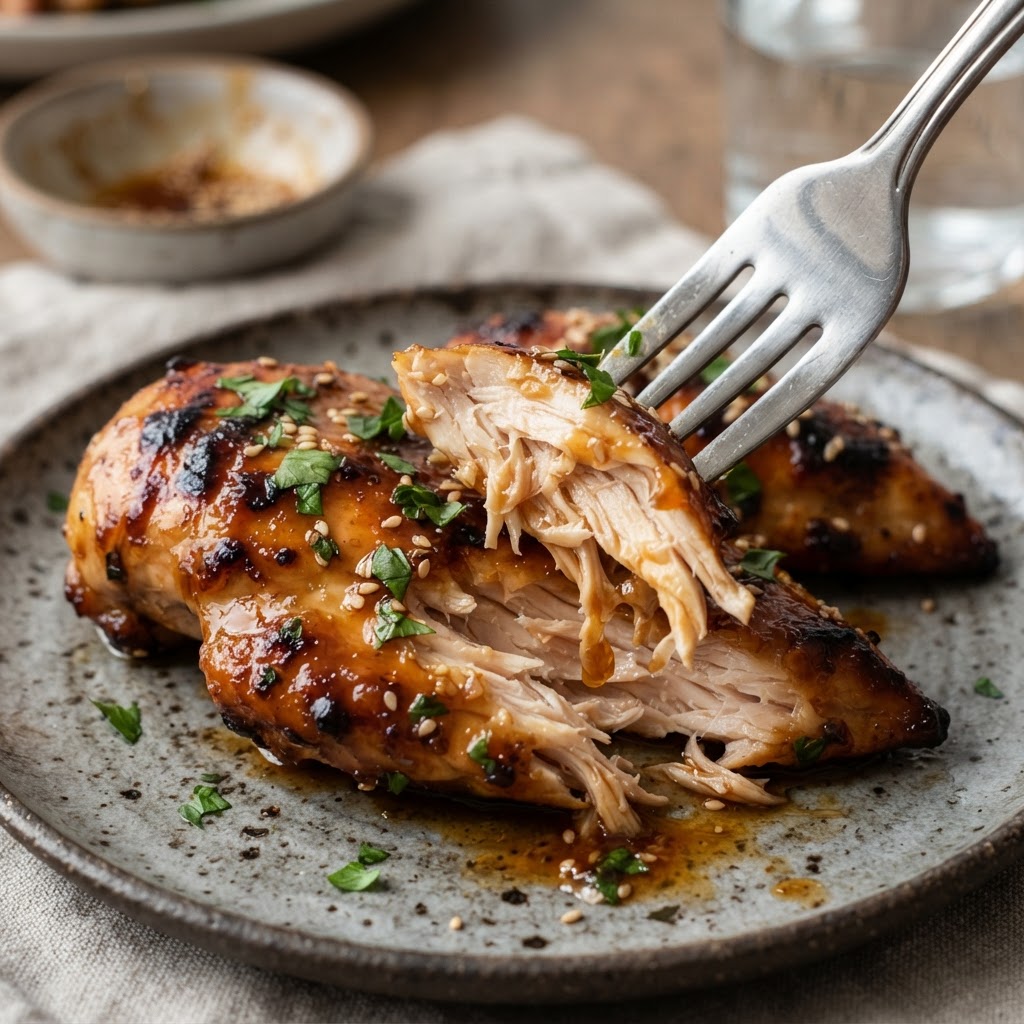 Tender, slow-cooked chicken showing its moisture and delicious glaze.