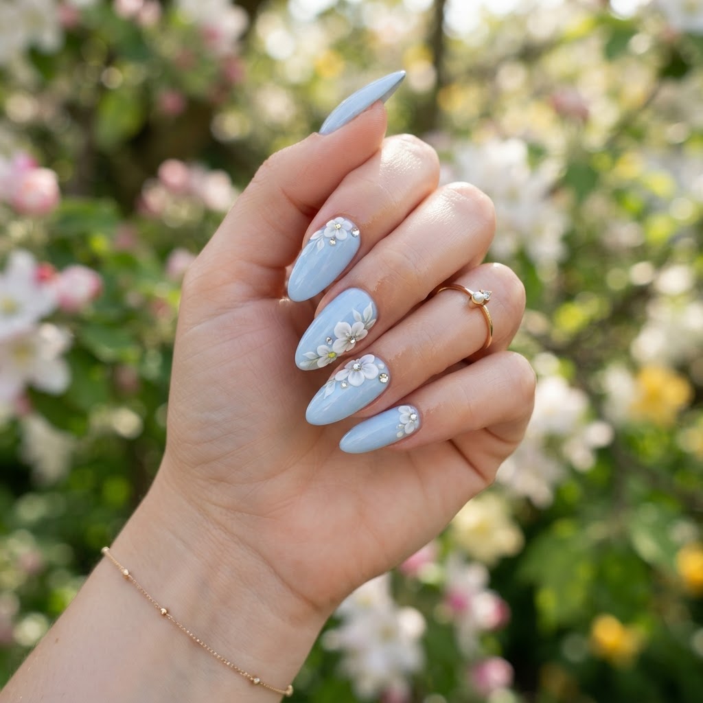 Almond-shaped nails with 3d floral art.