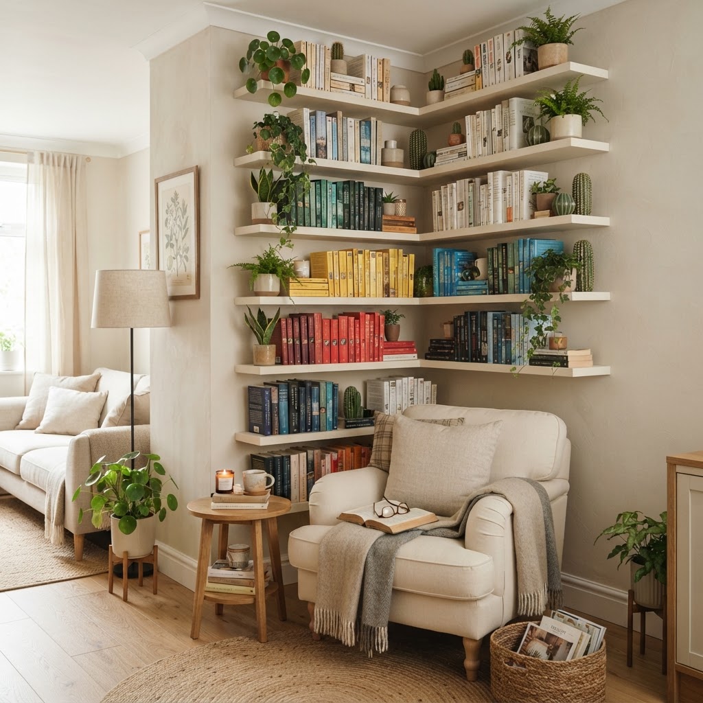 Vertical shelving is a game-changer for small living areas.