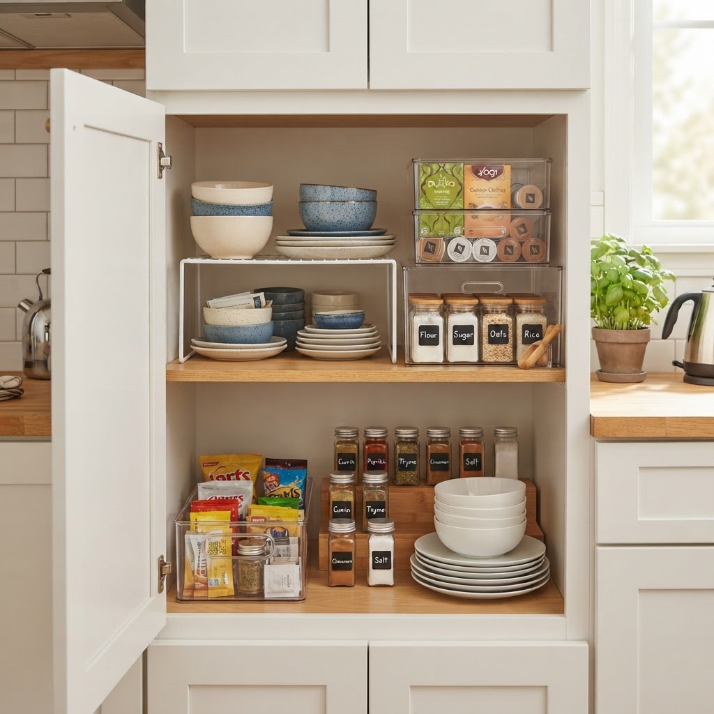 Smart organization inside small kitchen cabinets.