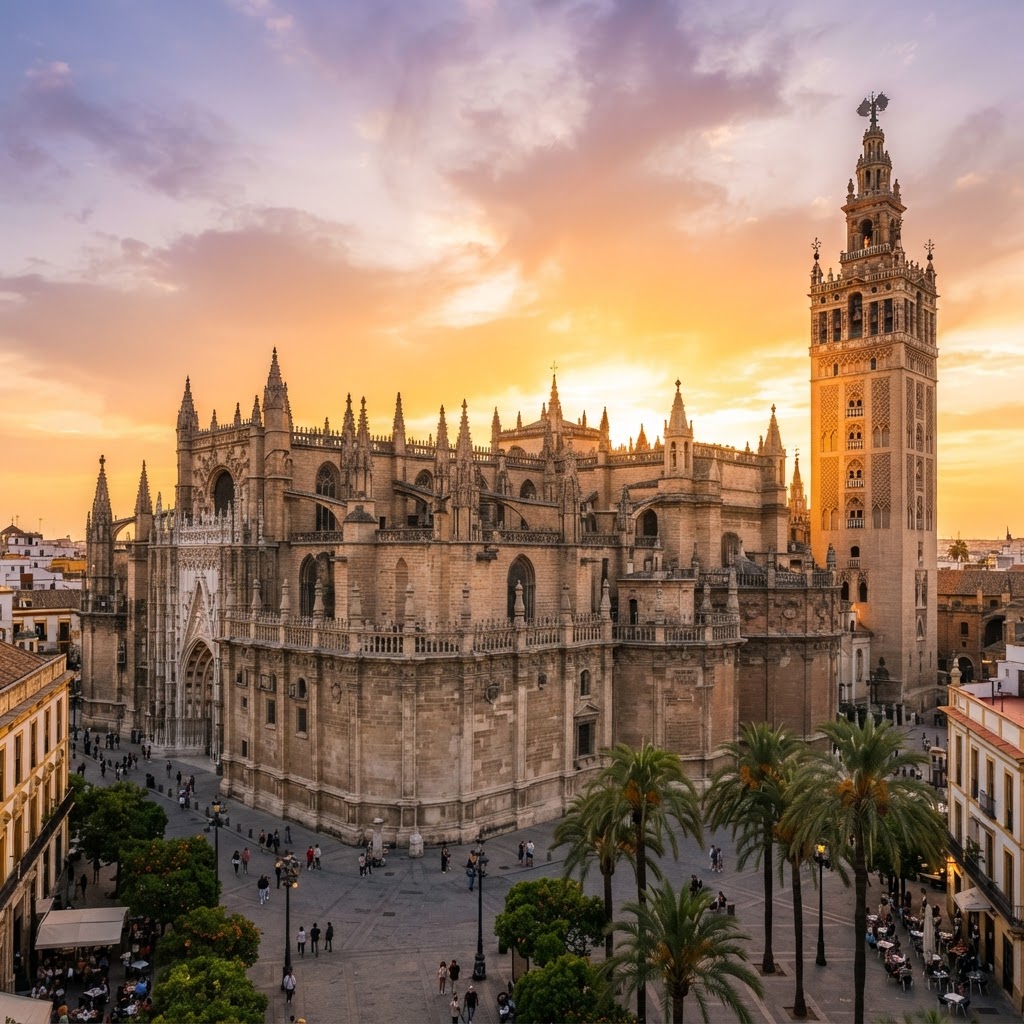 The golden hour light highlighting the Giralda tower.