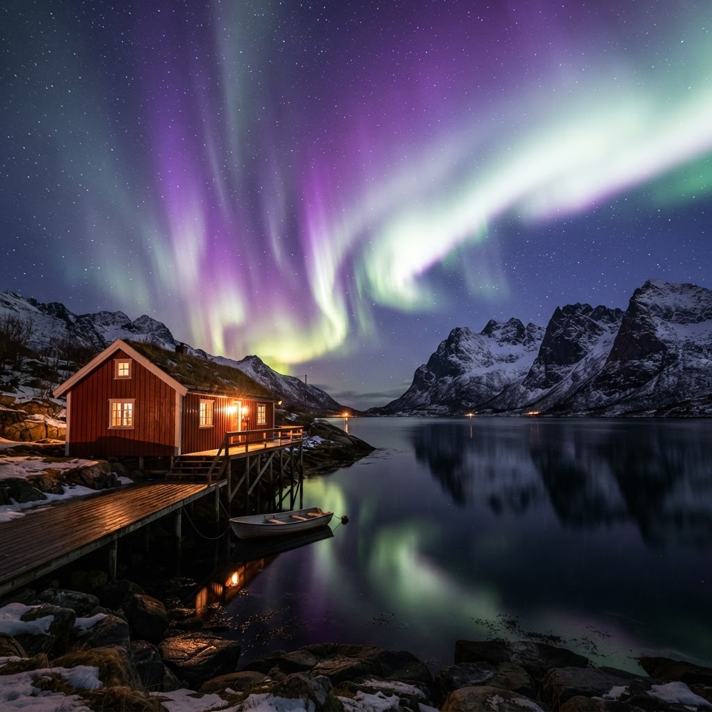 Northern Lights Over the Fjords: The Ultimate Guide 3 A cozy rorbu cabin set against the backdrop of an explosive display of the Northern Lights.