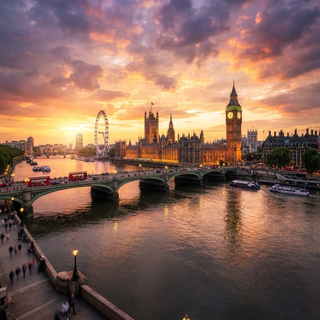 Big Ben glowing at sunset over the River Thames.