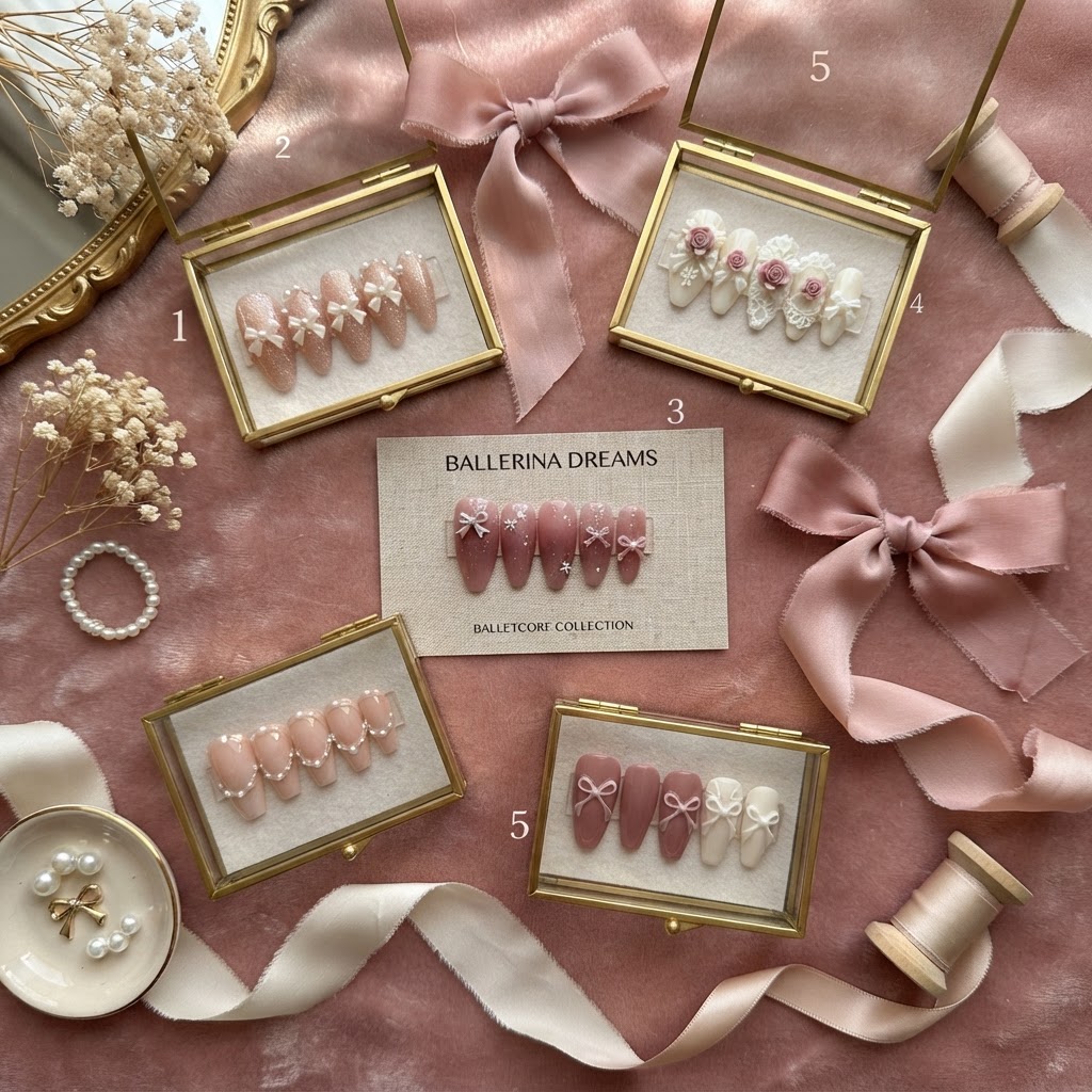 A curated collection of trendy balletcore press-on nails.