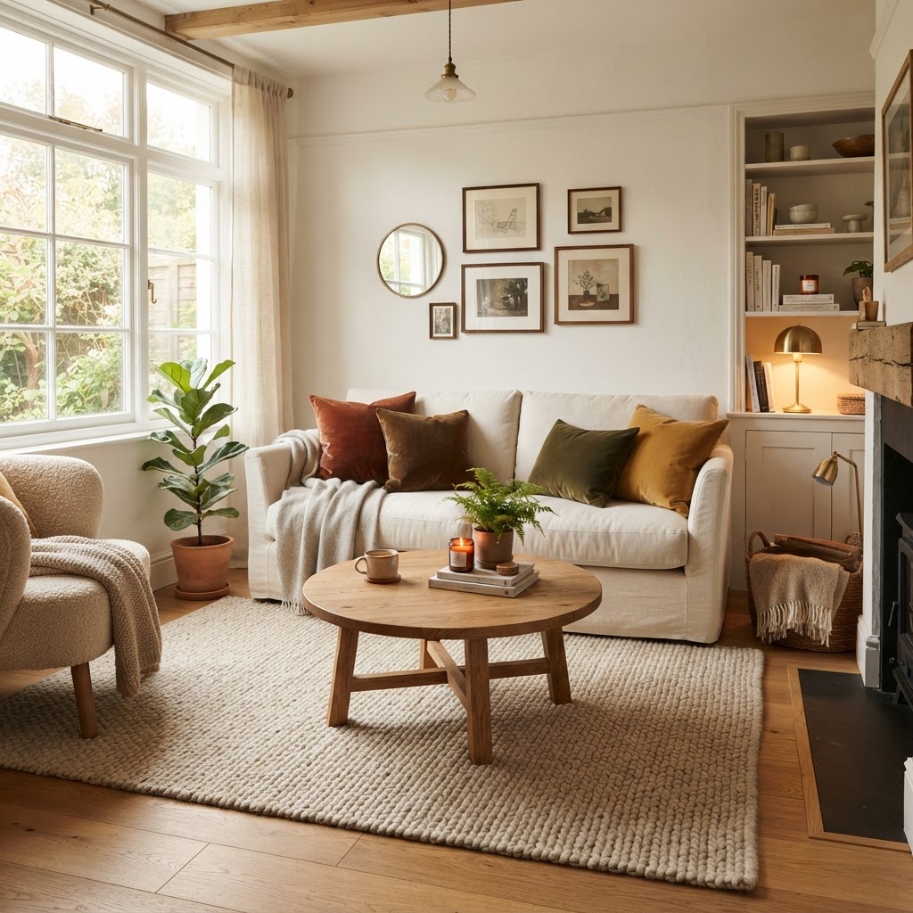 Layering neutral textures makes small spaces feel soft and inviting.