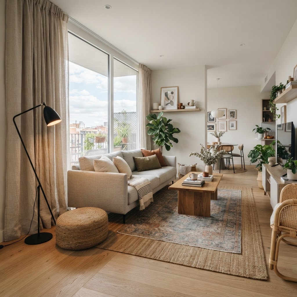 Layering textures and tall drapery makes a small rental room feel grand and expensive.