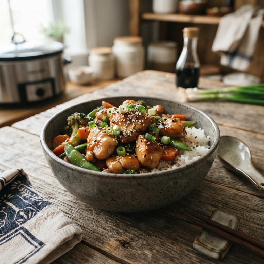 Perfectly glazed slow cooker chicken teriyaki ready to serve.