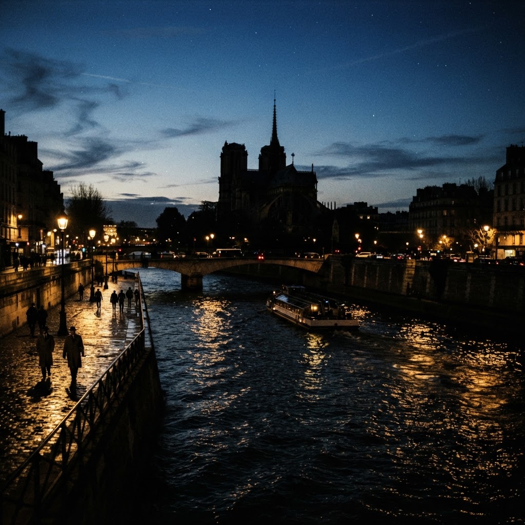 The moody, romantic glow of the Seine at twilight.