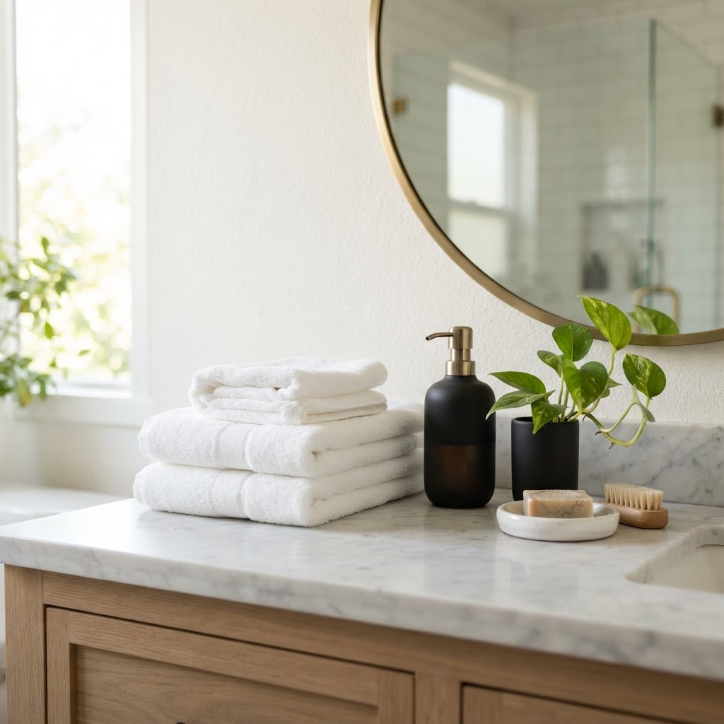 Small details like luxury soap dispensers and fresh towels make a bathroom feel like a spa.