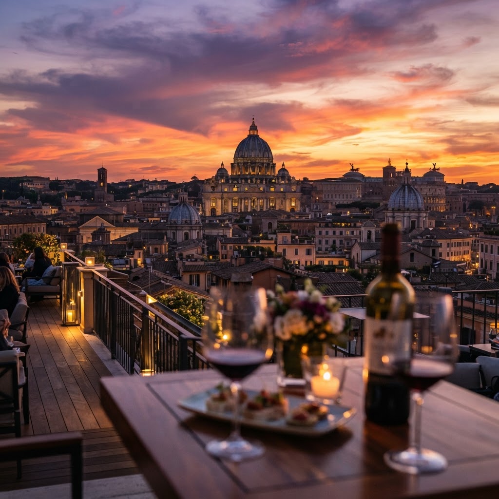 Rome’s Best Rooftop Views at Sunset: A Golden Guide 2 The iconic dome of St. Peter's Basilica framed by a stunning Roman sunset.
