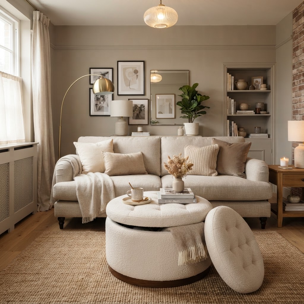 A perfectly balanced, cozy living room using layered lighting and neutral tones.
