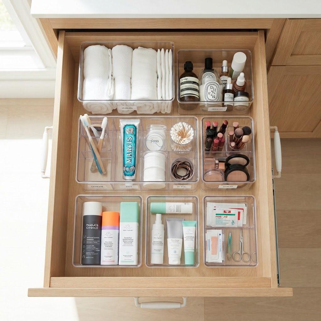 Utilize clear acrylic bins to keep items visible and organized.