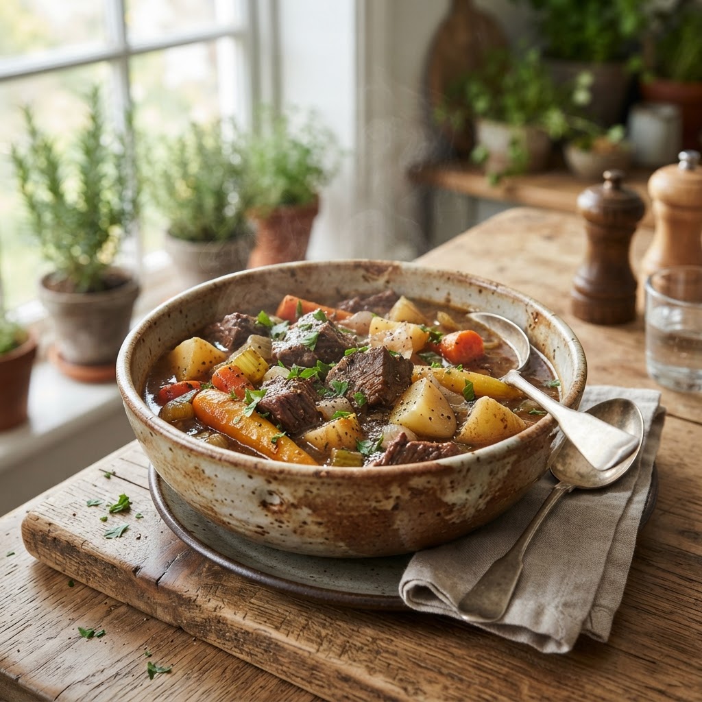 A perfect, steaming bowl of ultimate slow cooker beef stew.