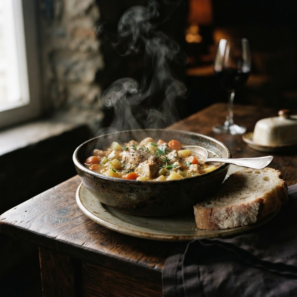 Comfort food at its finest: a hearty bowl of homemade chicken stew.