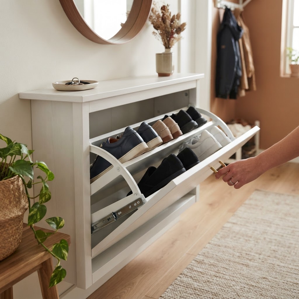 Soft-close tip-out drawers offer efficient, space-saving access.