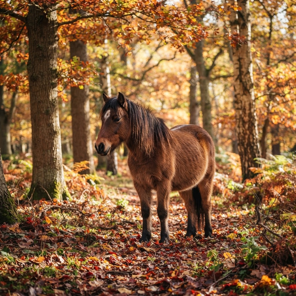 English Countryside in Fall: Best Places for Golden Leaves 4 New Forest ponies roam through ancient woods during the peak of the autumn season.