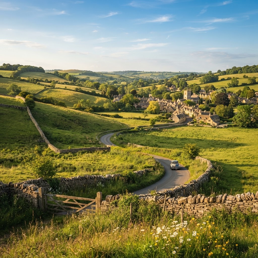 The iconic rolling hills and honey-colored stone architecture of the Cotswolds.