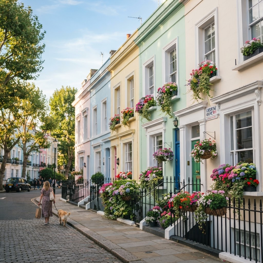 The quintessential Notting Hill aesthetic: colourful townhouses and lush greenery.