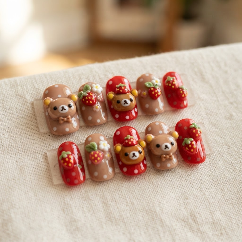 Adorable Rilakkuma strawberry-themed press-on nails.