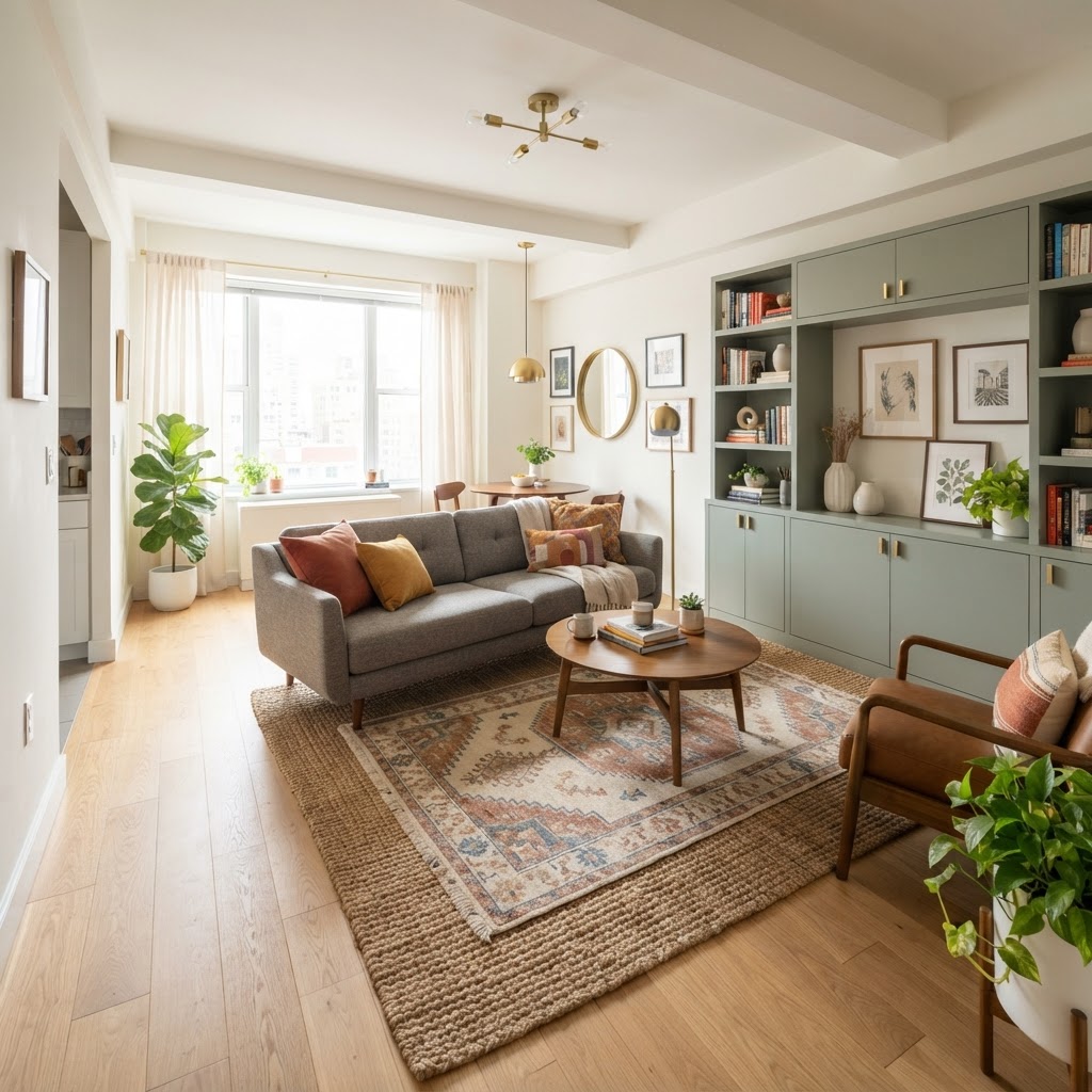 Layering textures and using smart hardware creates a curated, high-end look in limited square footage.
