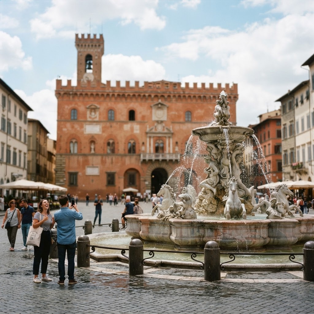 The grand fountain serves as a focal point for visitors.