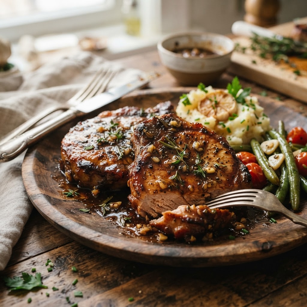 Tender, slow-cooked pork chops finished with a savory garlic glaze.