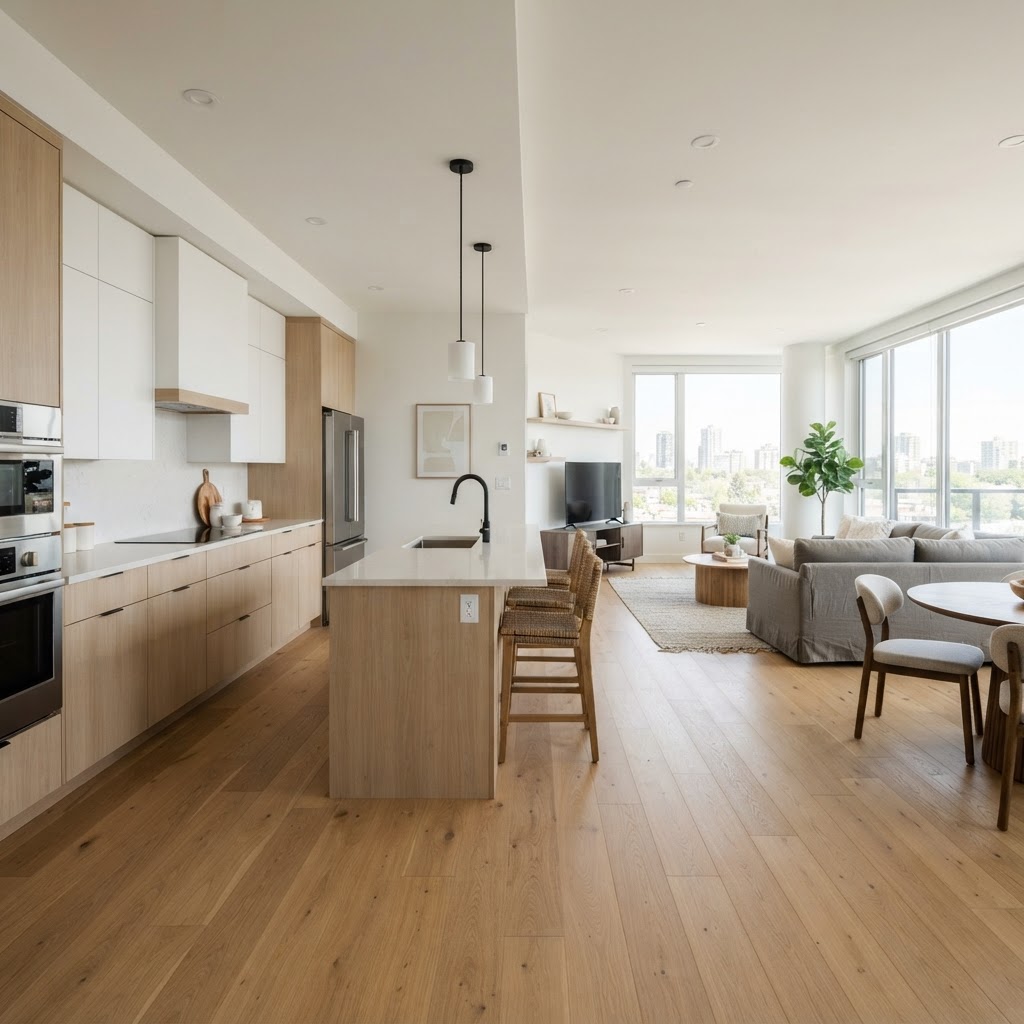 Continuous flooring connects spaces, creating an illusion of larger square footage.