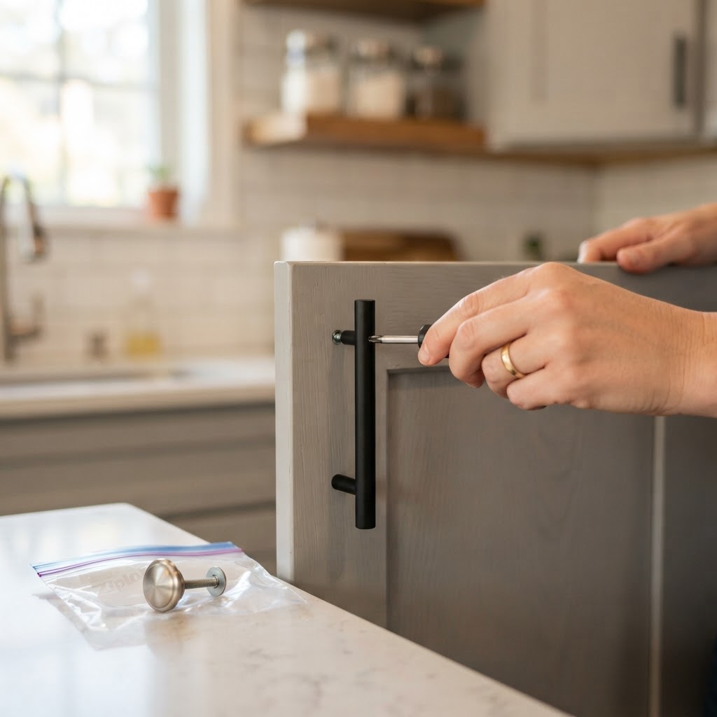 Swapping hardware is an easy, reversible way to modernize your cabinets.