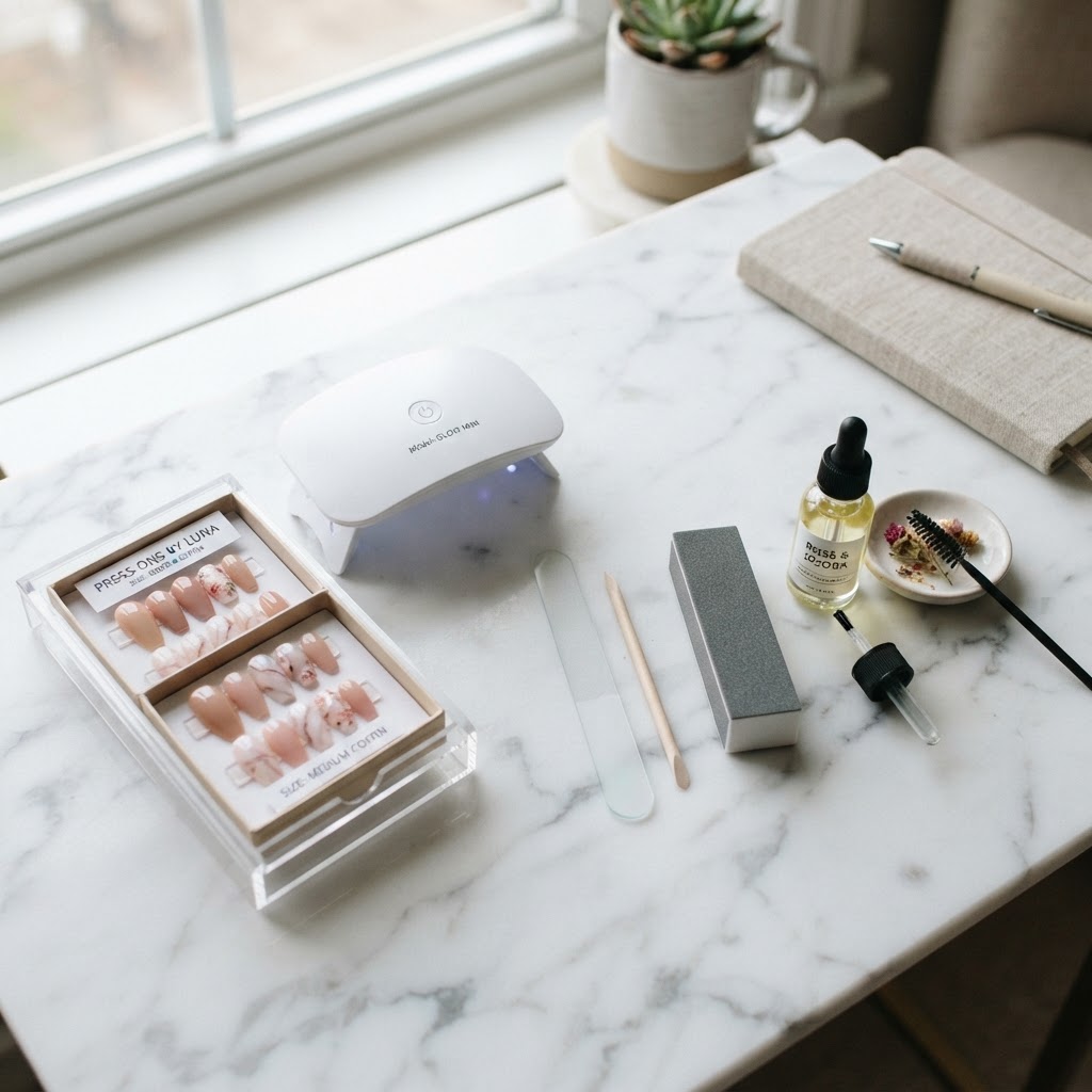 Essential tools for a professional-grade press-on manicure at home.