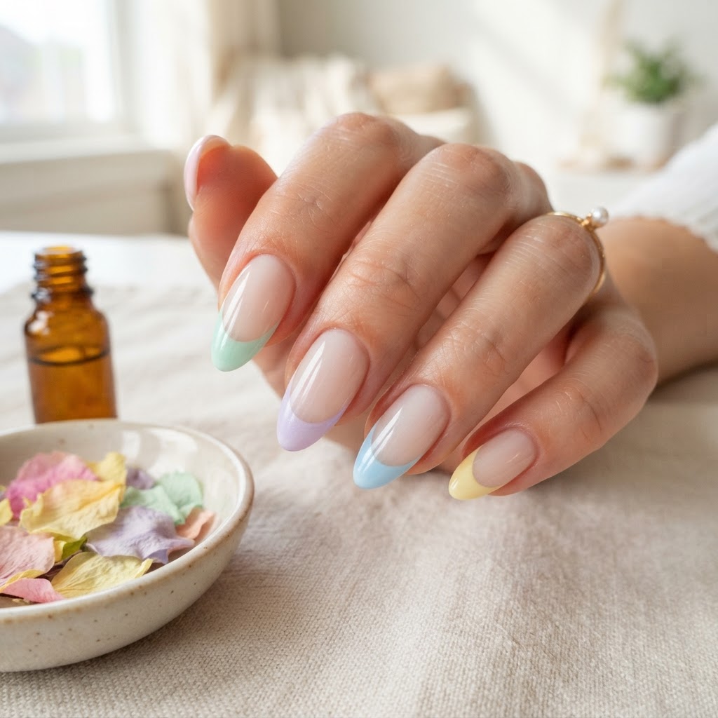 Playful and trendy pastel french tips for a modern upgrade.