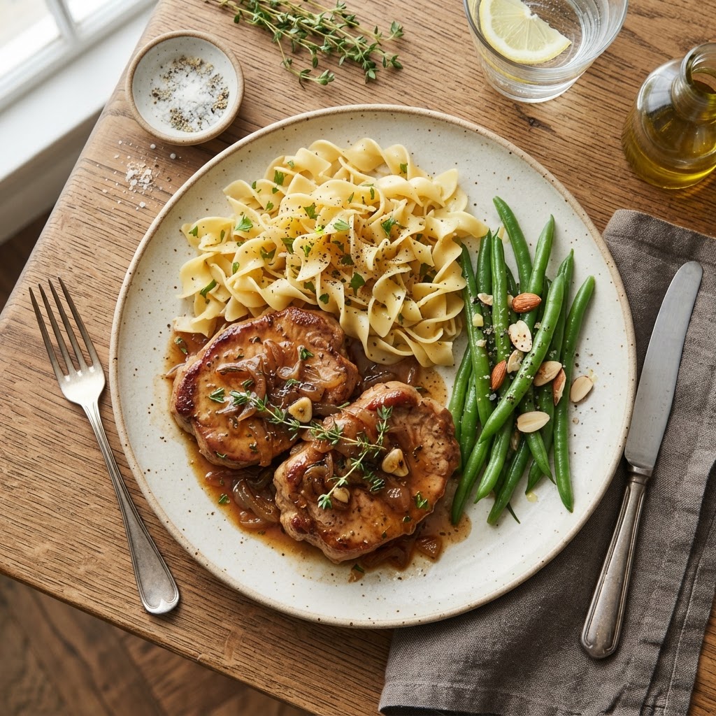 A complete, hearty dinner featuring pork chops and sides.