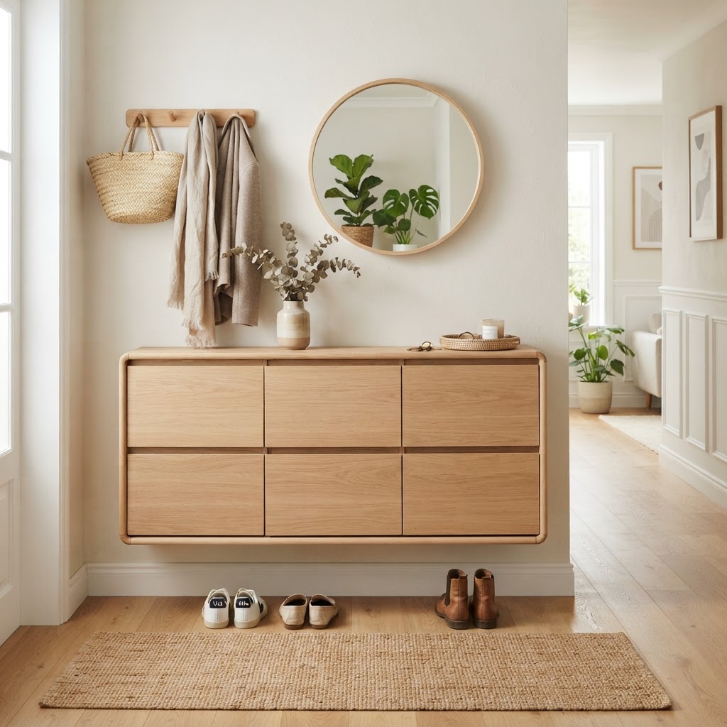 Floating cabinets keep the floor clear and the room feeling large.