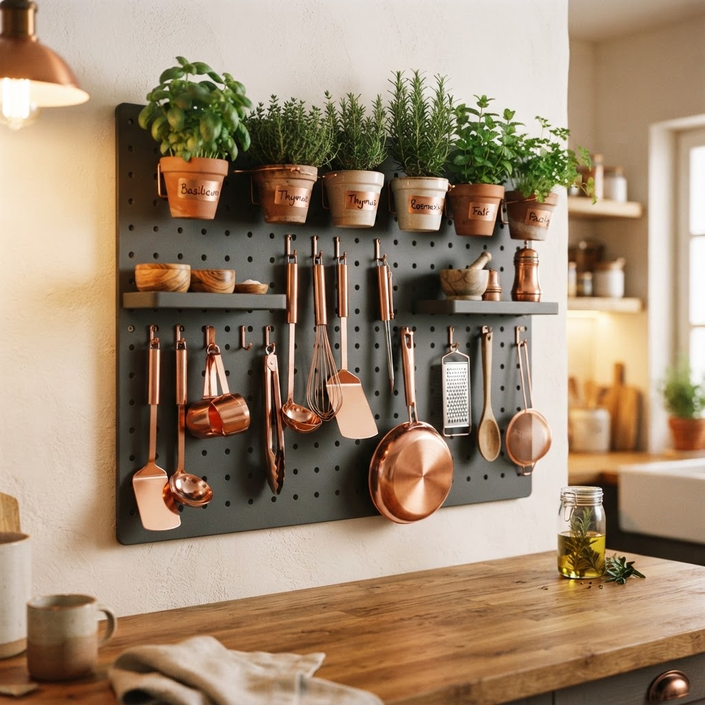 Vertical storage solutions keep surfaces clear while adding visual interest.