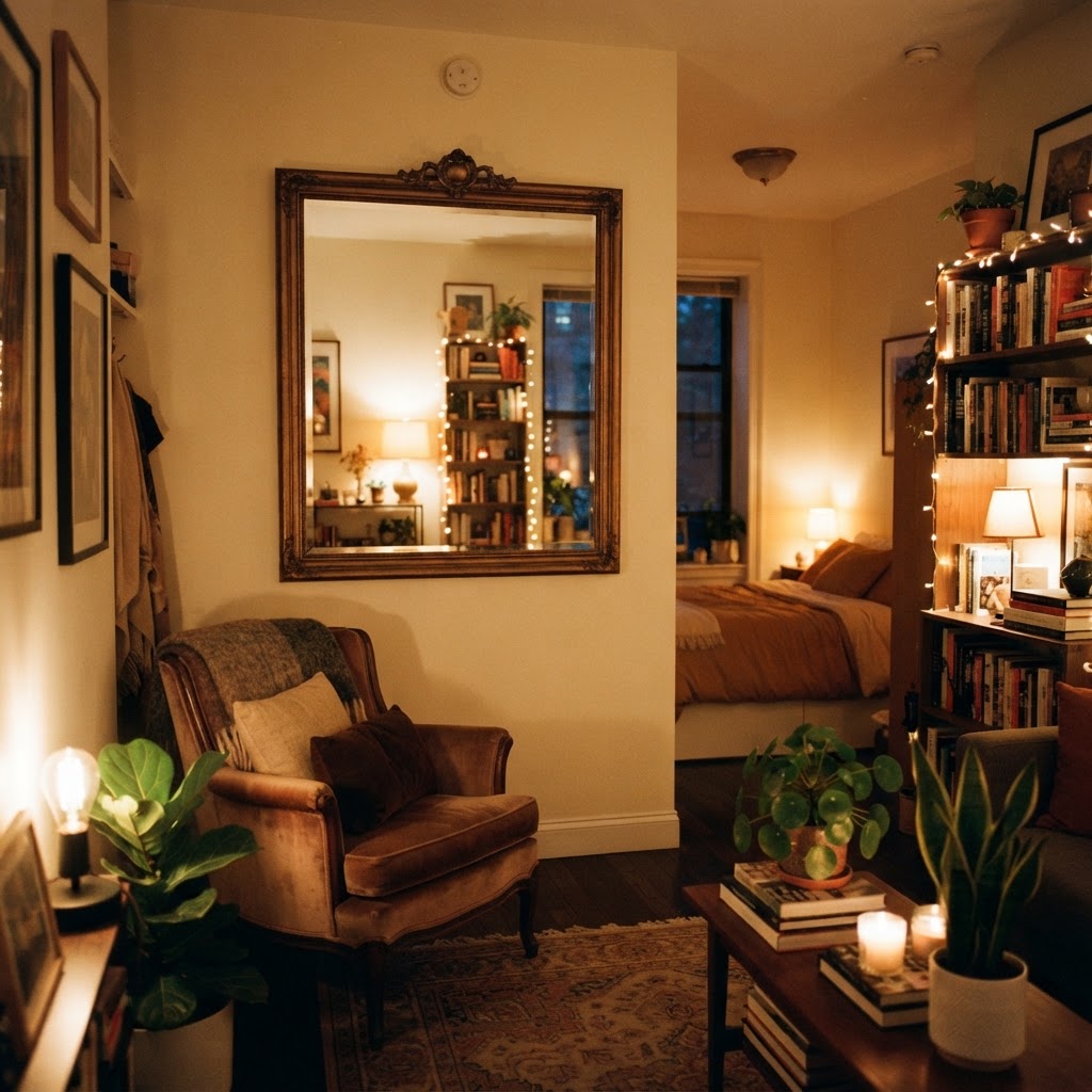 Mirrors help amplify your light sources and visually expand your small living area.