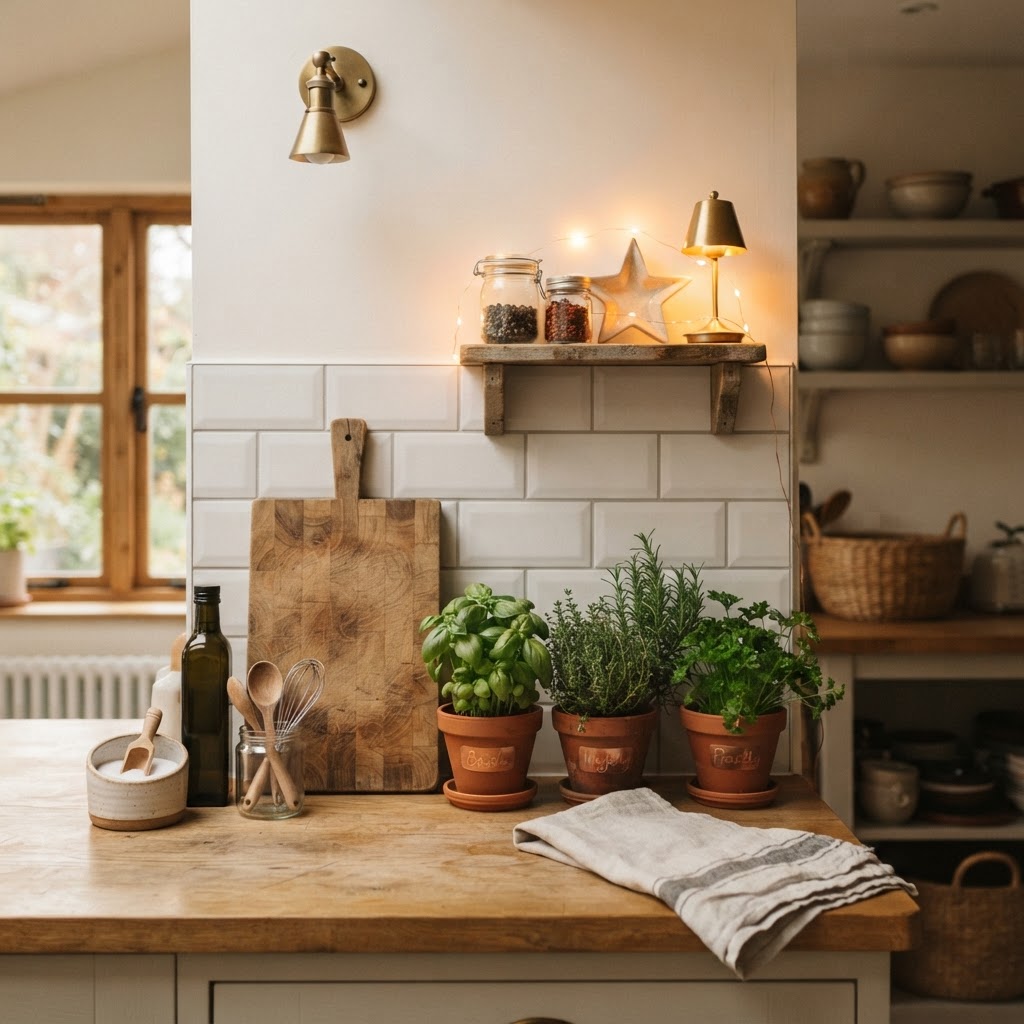 Small details like wood cutting boards add character.