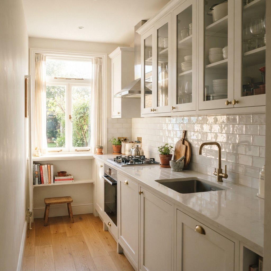 Glossy tiles and glass cabinets maximize natural light flow.