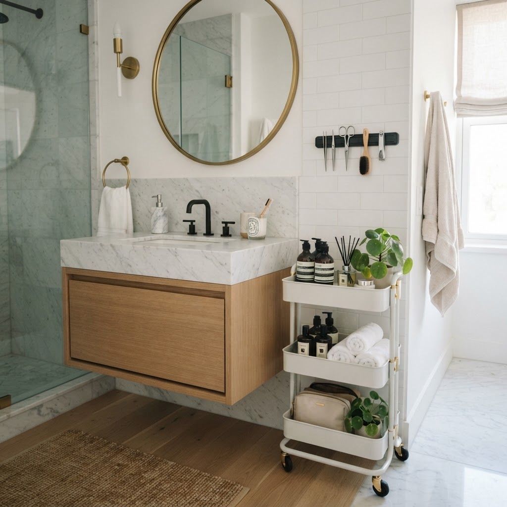Small bathrooms benefit immensely from rolling carts and vertical organization tools.