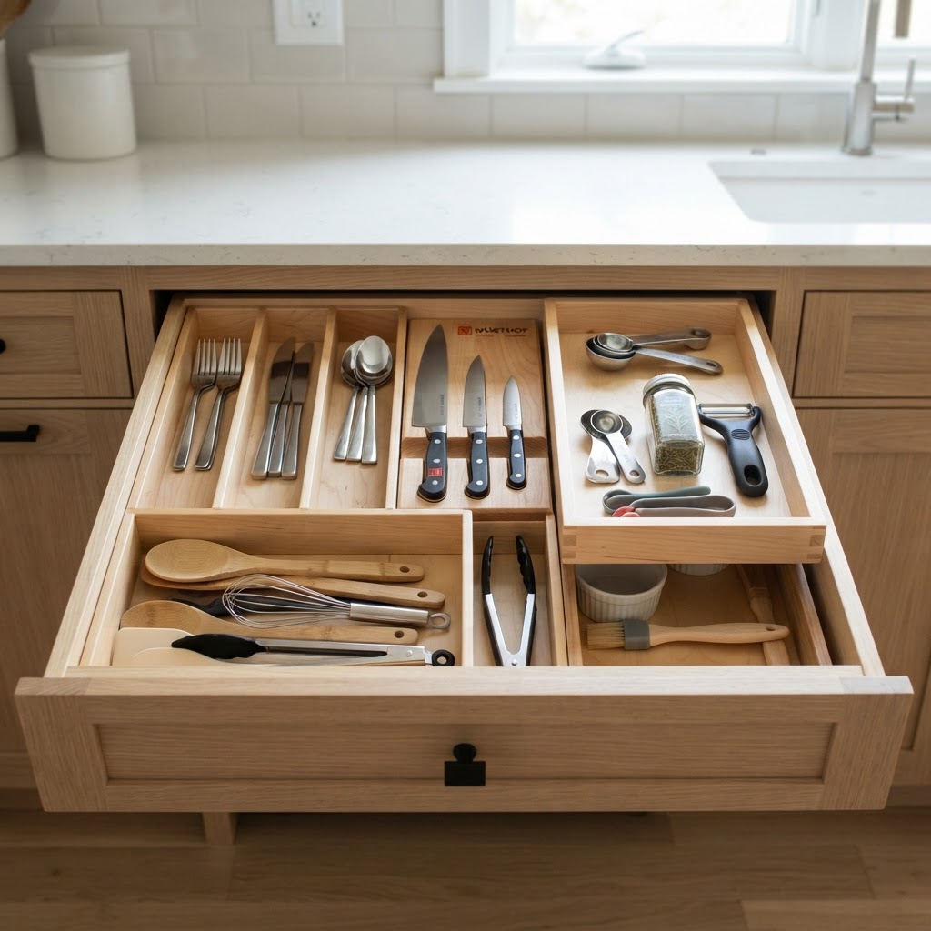 Smart organizers keep compact kitchens clutter-free.