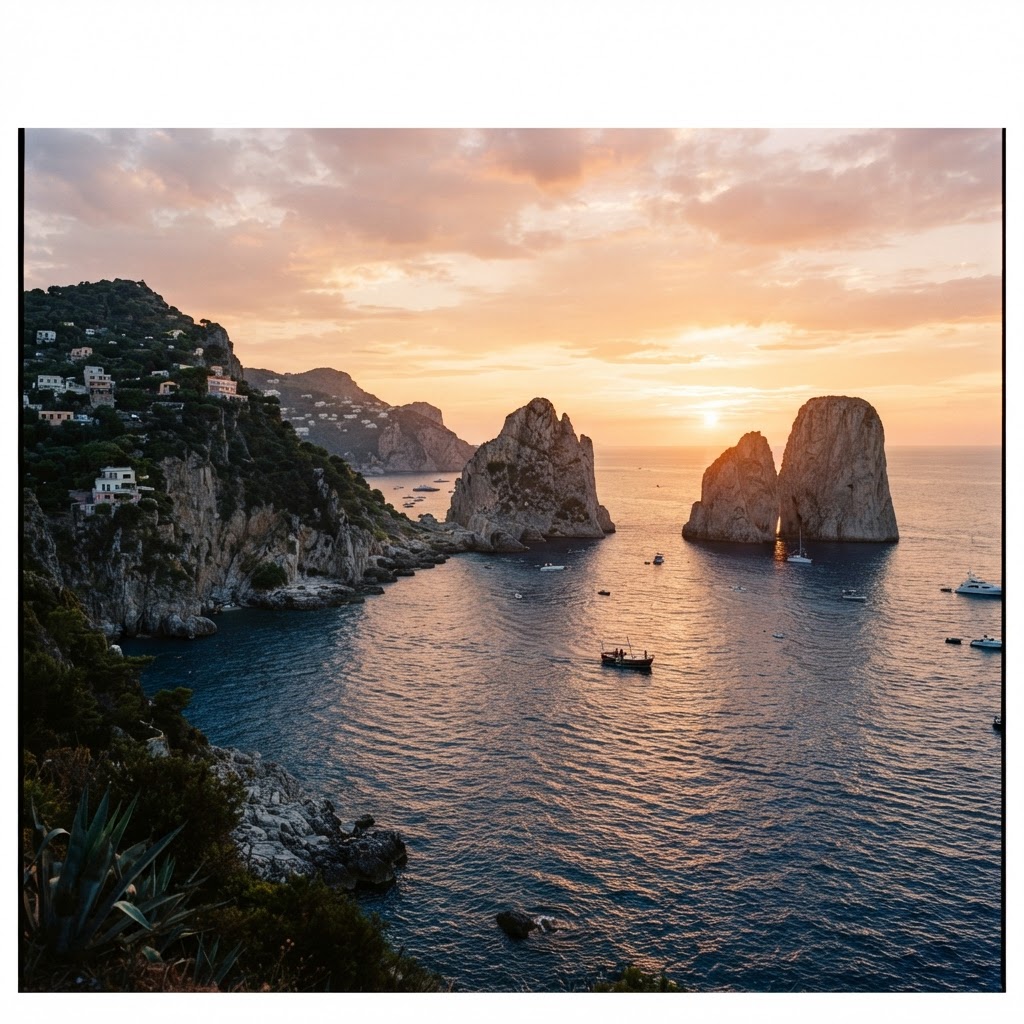 The stunning silhouette of the Faraglioni at sunset.