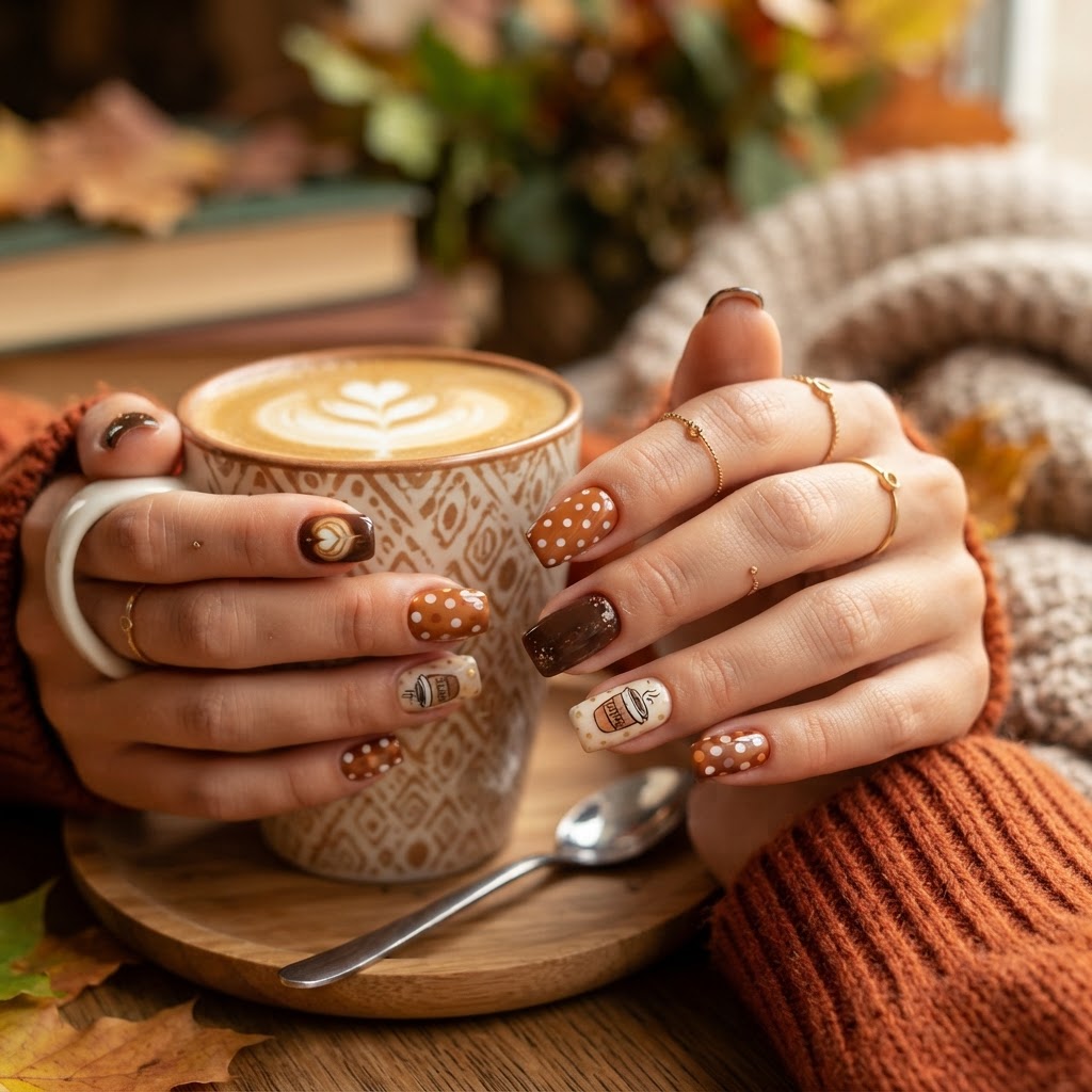 Warm, coffee-themed nail art designs are perfect for the fall season.