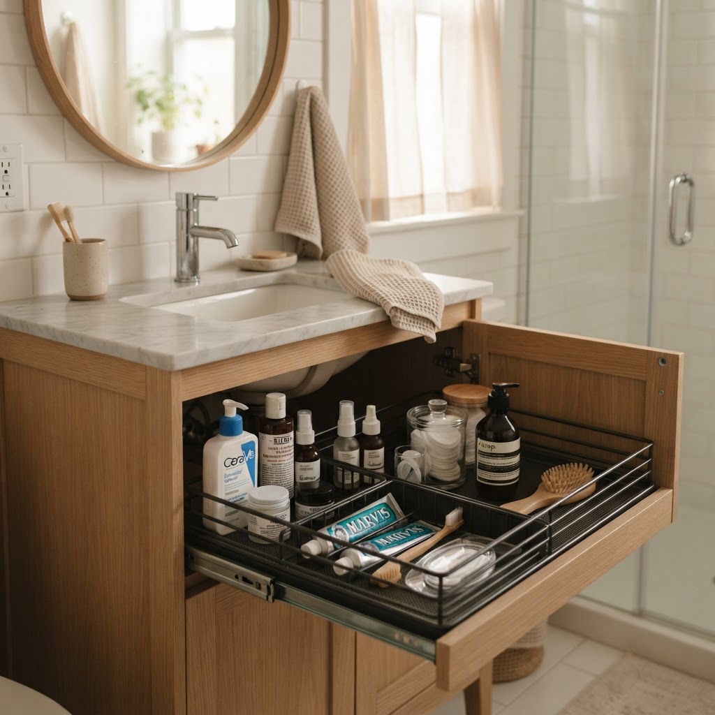 Sliding drawer organizers make reaching deep items effortless.