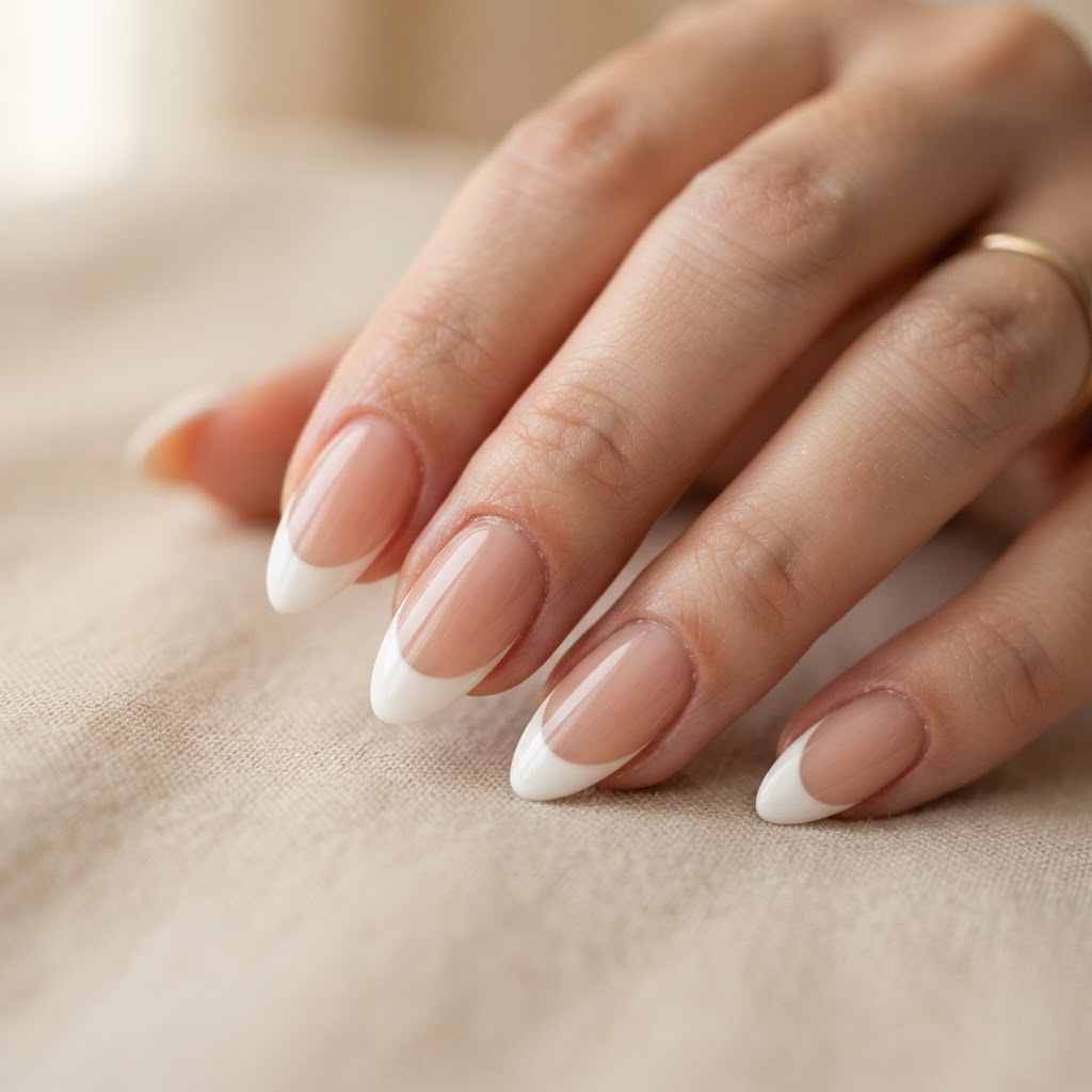 Classic almond-shaped French press-on nails for a timeless look.