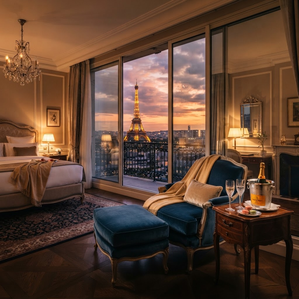 The ultimate view from a luxury suite in the 7th arrondissement.